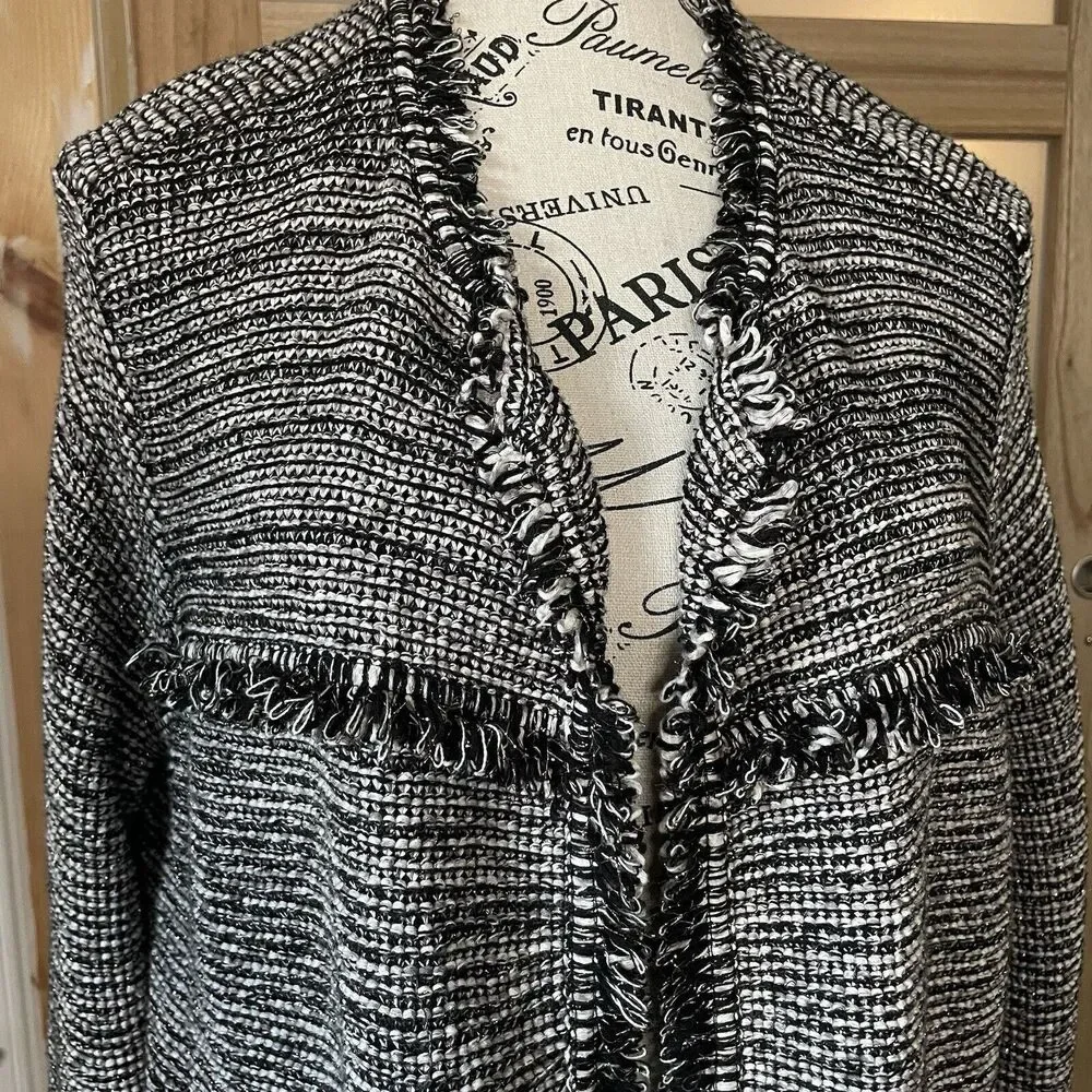 Chico's Women's Size 2 Black White Fringe Jacket  Excellent Condition